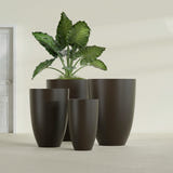 Brannan Tapered Round fiberglass planter in Matte Dark Brown, size range, in a sunlit interior