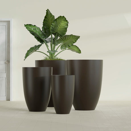 Brannan Tapered Round fiberglass planter in Matte Dark Brown, size range, in a sunlit interior