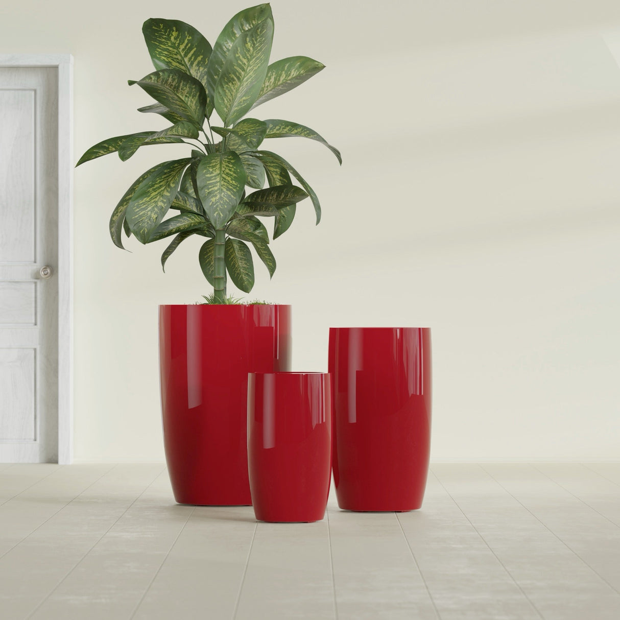 Lisbon Tall Round fiberglass planter in Gloss Red, size range, in a sunlit interior
