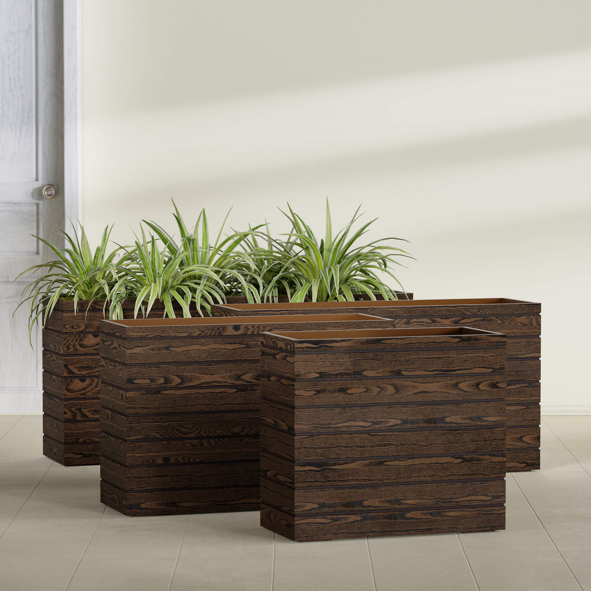 Sedona Tall planter in textured walnut, size range, in a sunlit interior