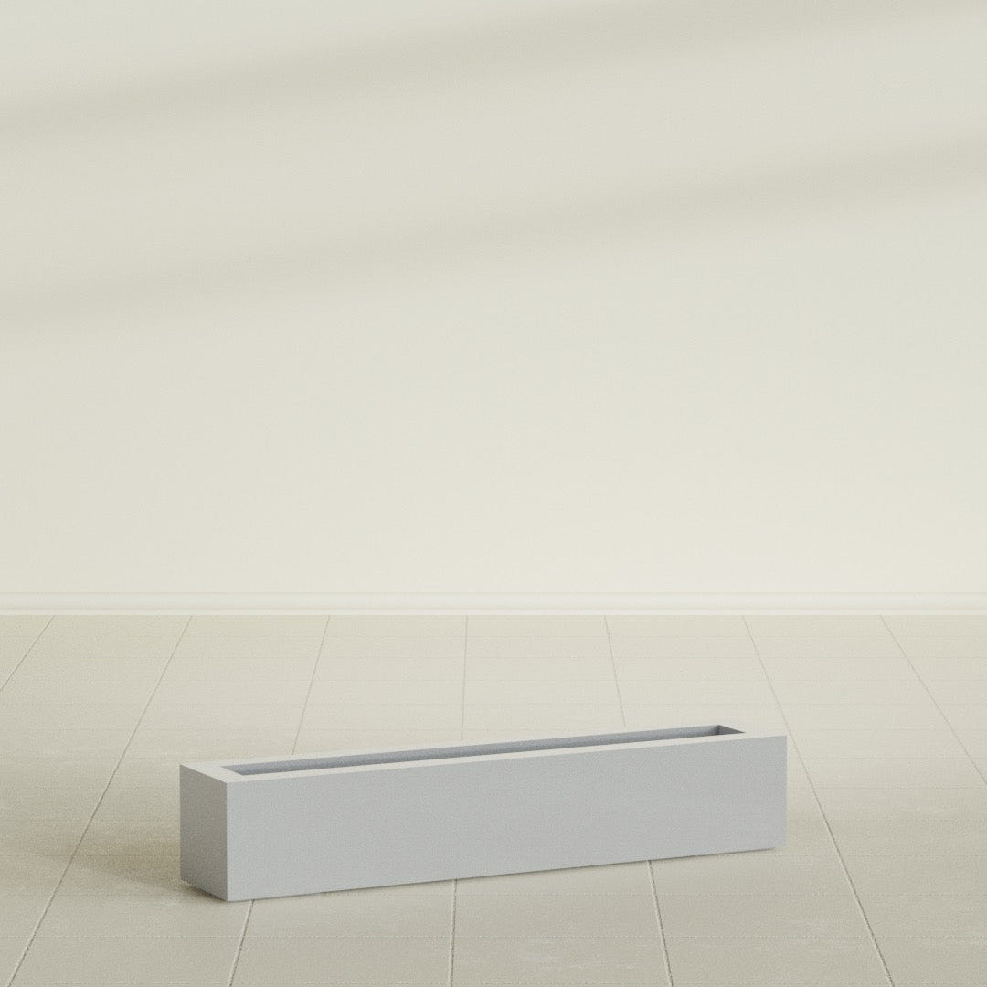 Salon Box Planter in Metallic Silver, 42" Long, shown empty