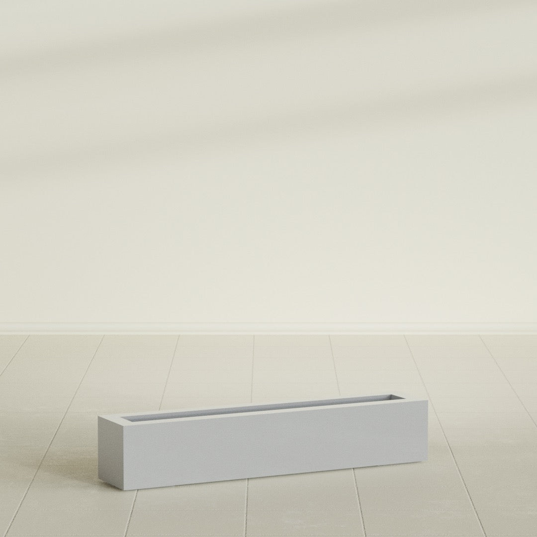 Salon Box Planter in Metallic Silver, 42" Long, shown empty
