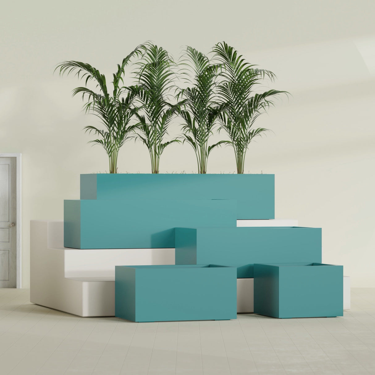 Torino Wide Rectangular fiberglass planter in Satin Seafoam Green, size range, in a sunlit interior