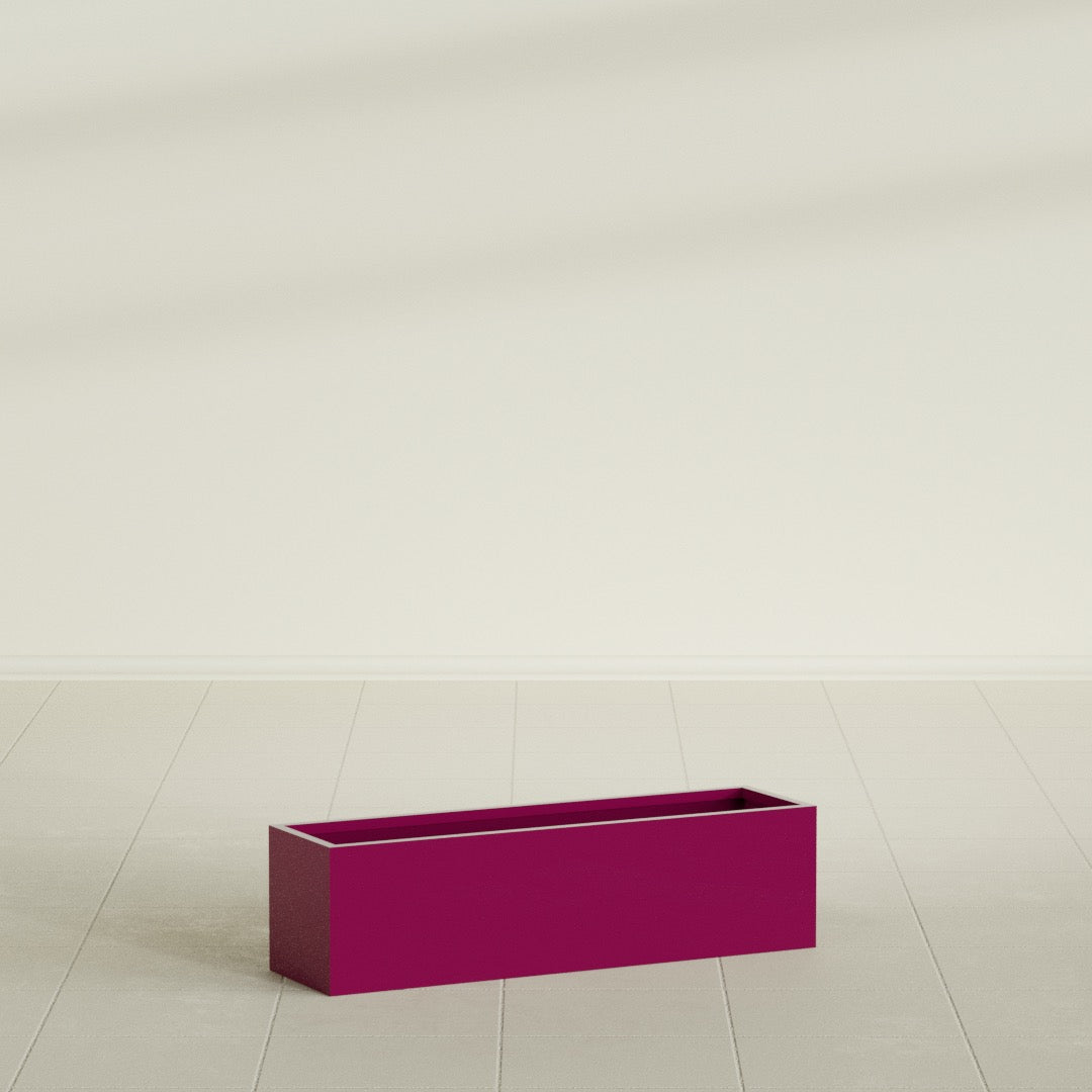 Monaco Rectangle Planter in Gloss Eggplant, 26"L, shown empty