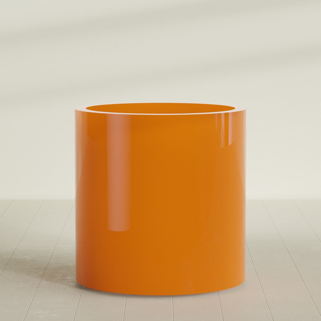 Rio Grande Cylinder Planter in Gloss Tangerine, 30"D × 32"H, shown empty