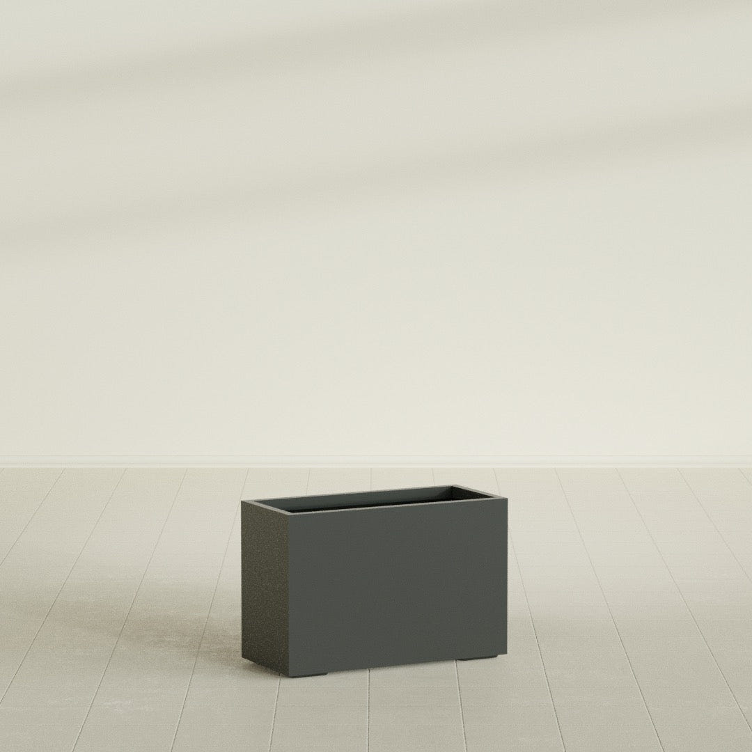 Tolga Rectangular Planter in Matte Charcoal, 36"L × 16"D × 24"H, shown empty