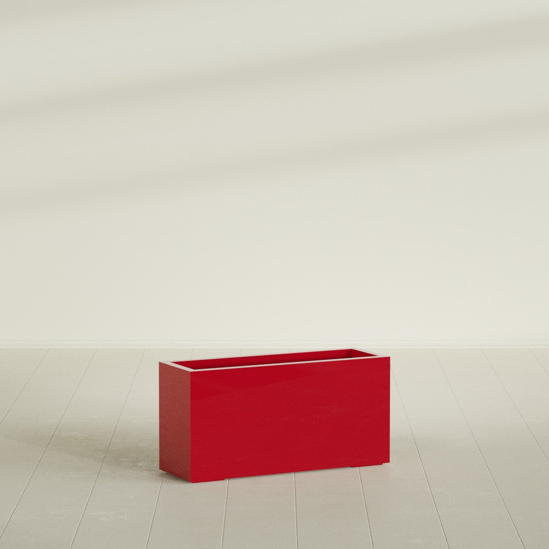 Hollywood Narrow Rectangular Planter in Gloss Red, 36"L × 12"D × 24"H, shown empty
