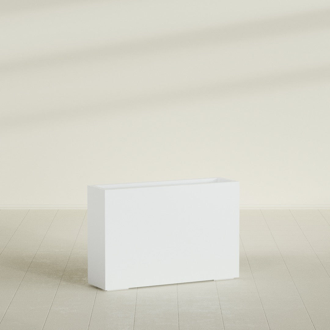 Milano Narrow Rectangular Planter in Matte Bright White, 36"L × 10"D × 24"H, shown empty