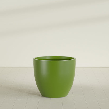 Wannsee Round Planter in Satin Green, 44"D × 39"H, shown empty