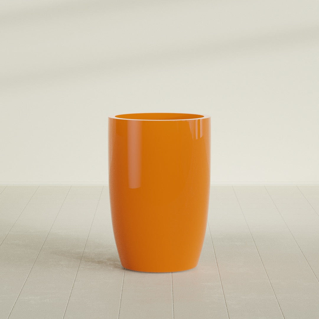 Lisbon tall round tapered fiberglass planter in Gloss Tangerine, 24 in diameter, 36 in high, shown empty