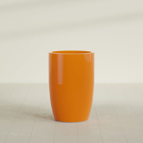 Lisbon tall round tapered fiberglass planter in Gloss Tangerine, 24 in diameter, 36 in high, shown empty
