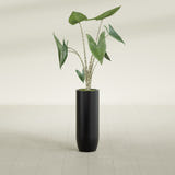 Saint Tropez Bullet Round fiberglass planter in Matte Black, shown planted, in a sunlit interior