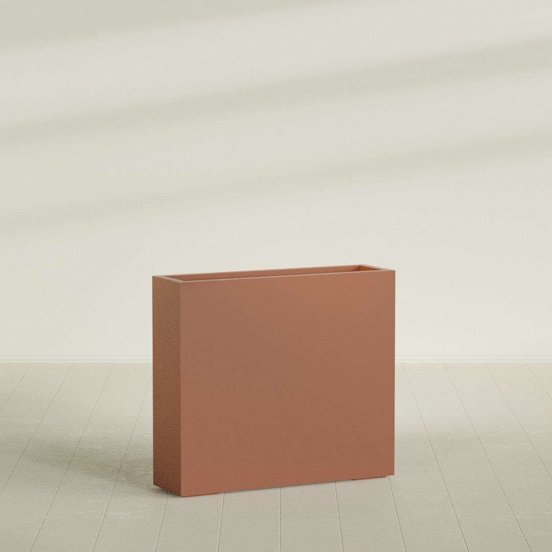 Amesbury Narrow Rectangular Planter in Matte Terra Cotta, 36"L × 10"D × 32"H, shown empty