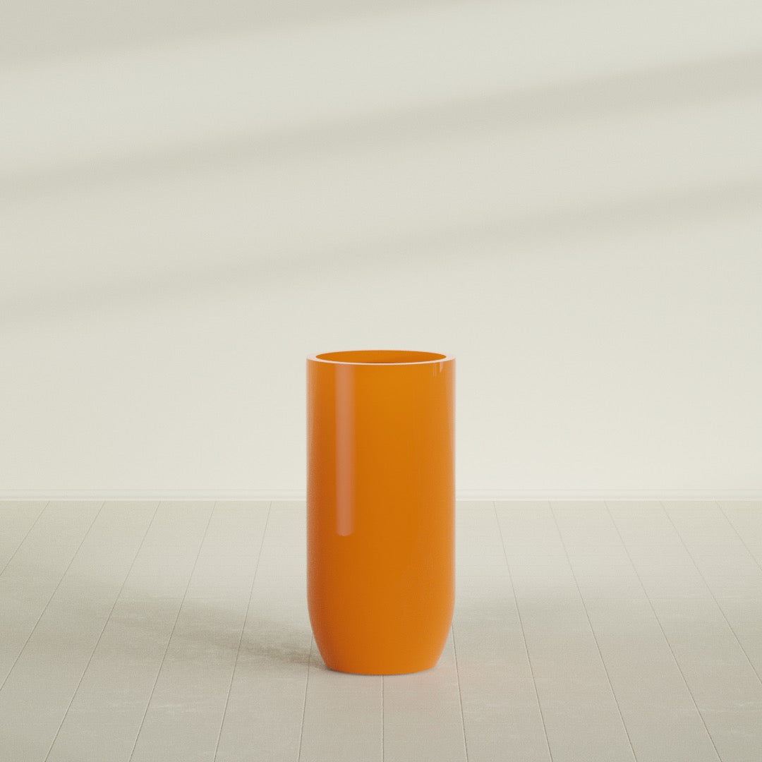 Saint Tropez Bullet Round Planter in Gloss Tangerine, 24"D × 50"H, shown empty