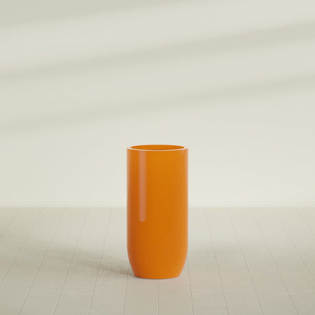 Saint Tropez Bullet Round Planter in Gloss Tangerine, 24"D × 50"H, shown empty