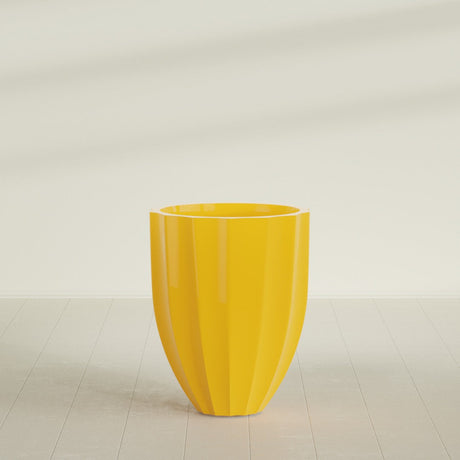 Alicante Fluted Planter in Gloss Saffron, 26"D × 32"H, shown empty
