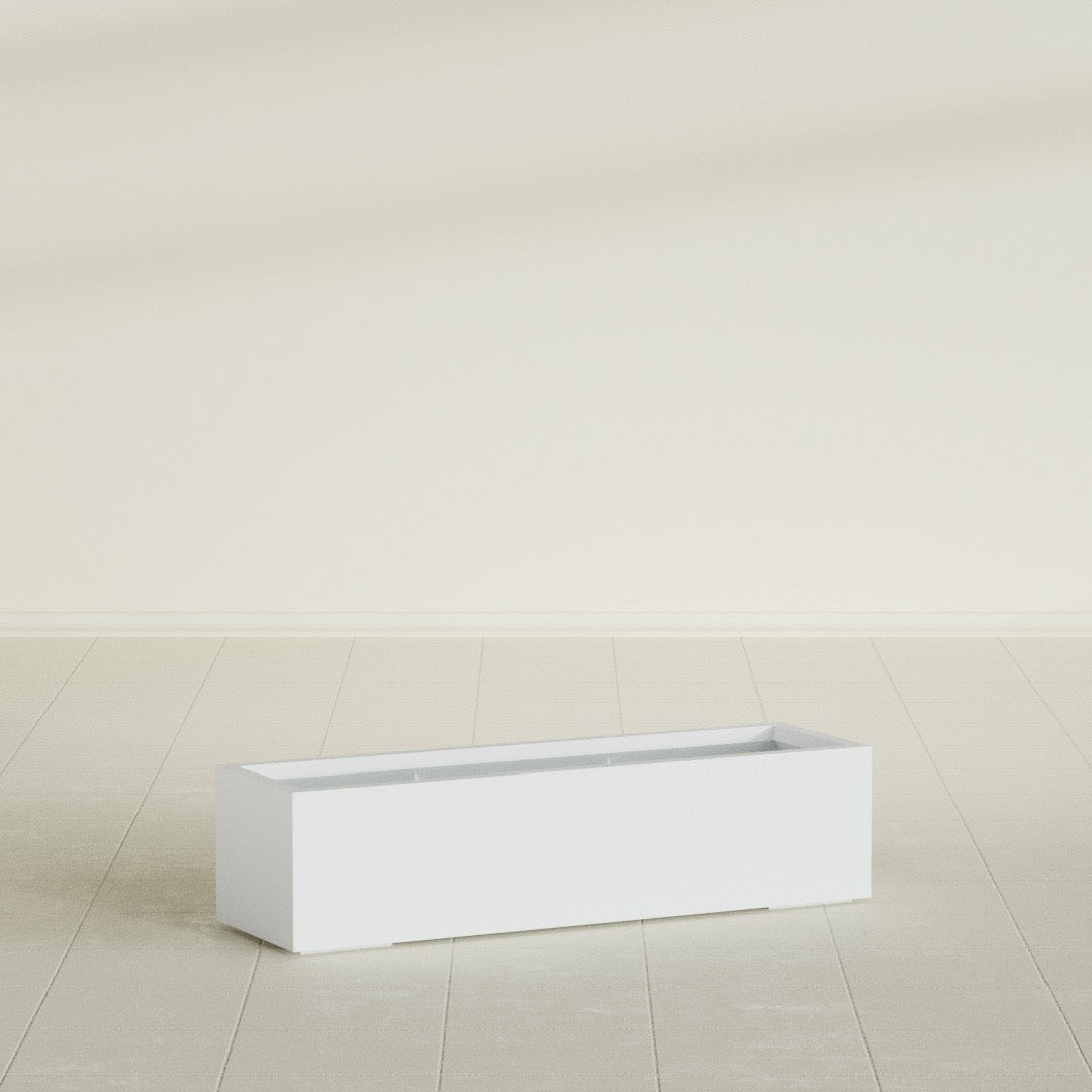 Cuba Low Rectangular Planter in Gloss Bright White, 48"L × 14"D × 12"H, shown empty