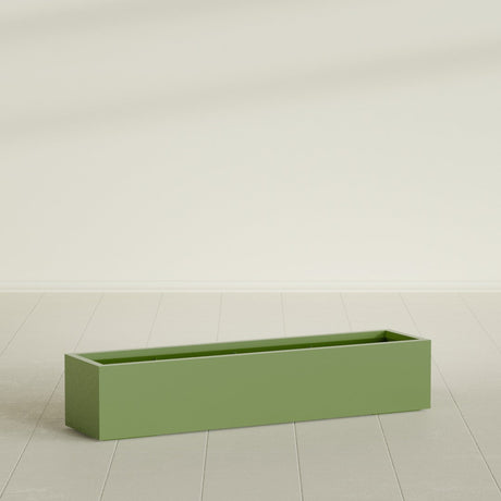 Cuba Low Rectangular Planter in Satin Green, 60"L × 14"D × 12"H, shown empty