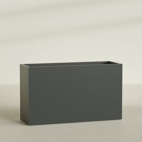 Darwin Rectangular Planter in Matte Charcoal, 72"L × 24"D × 42"H, shown empty