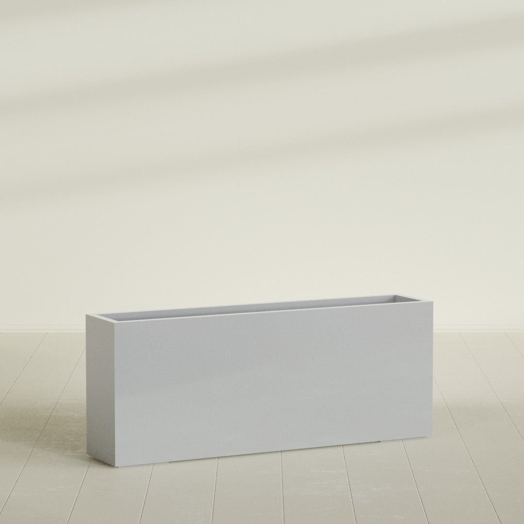 Hollywood Narrow Rectangular Planter in Metallic Silver, 60"L × 12"D × 24"H, shown empty