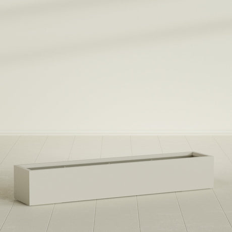Cuba Low Rectangular Planter in Satin Beige, 72"L × 14"D × 12"H, shown empty