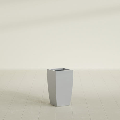 Toulan Tapered Square Planter in Metallic Silver, 12"W × 22"H, shown empty
