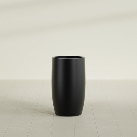 Lisbon tall round tapered fiberglass planter in Matte Black, 18 in diameter, 32 in high, shown empty