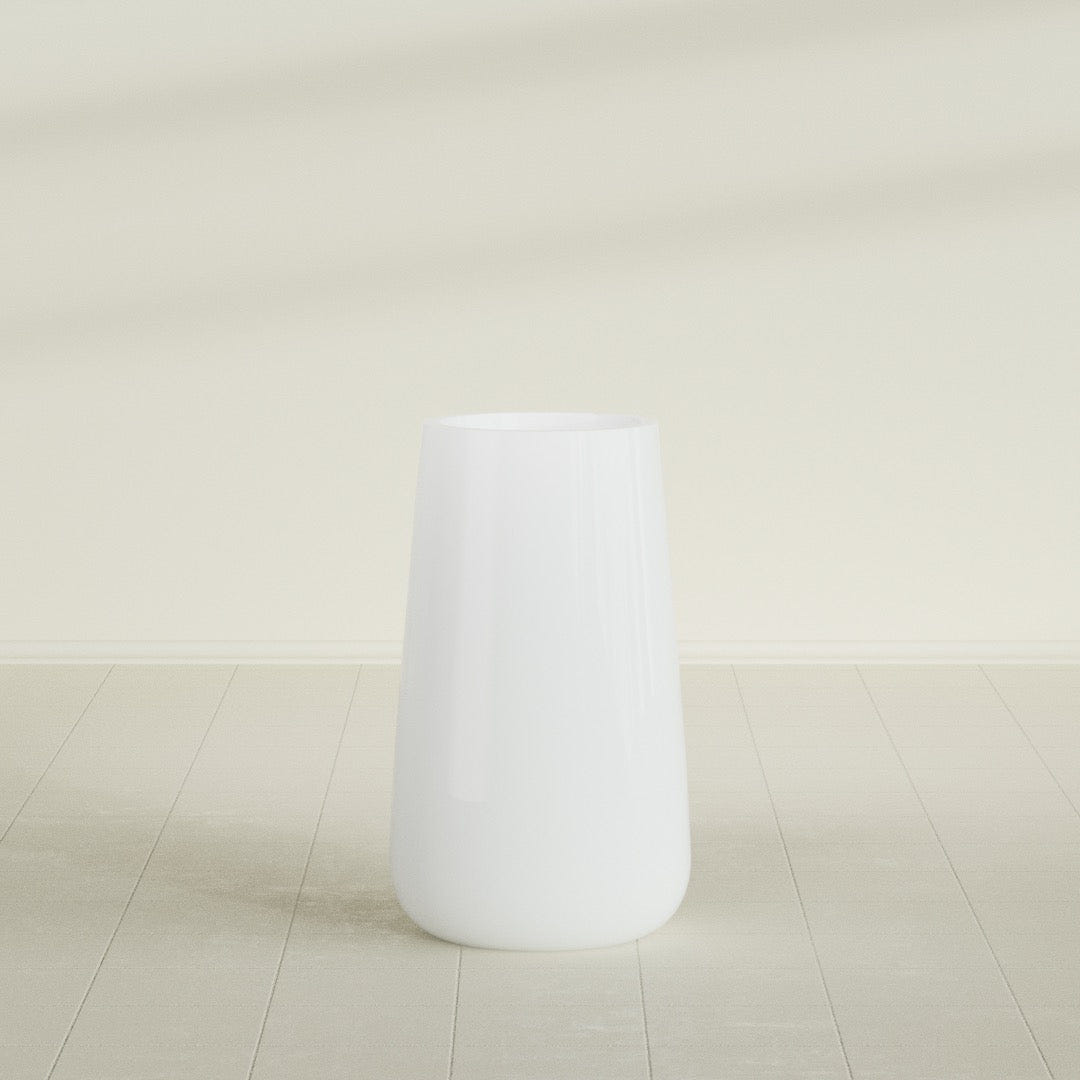 Saigon Tapered Round Planter in Matte Bright White, 19"D × 42"H, shown empty