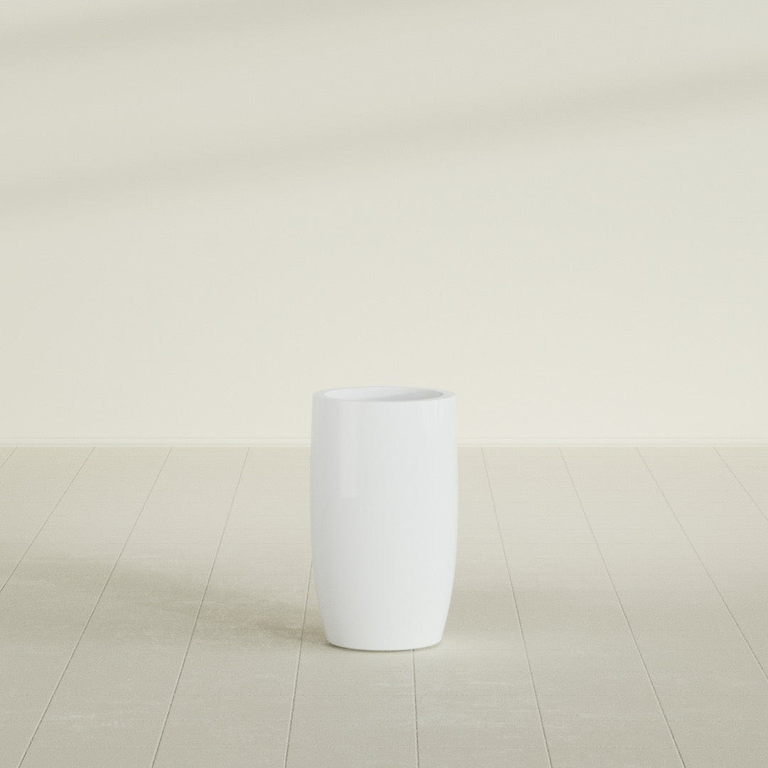 Lisbon tall round tapered fiberglass planter in Matte Bright White, 14 in diameter, 25 in high, shown empty