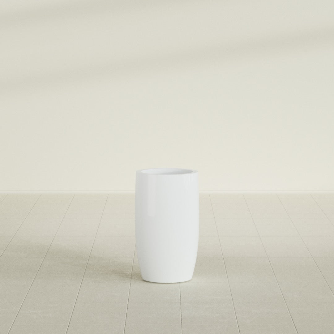 Lisbon tall round tapered fiberglass planter in Matte Bright White, 14 in diameter, 25 in high, shown empty