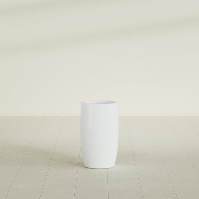 Lisbon tall round tapered fiberglass planter in Matte Bright White, 14 in diameter, 25 in high, shown empty