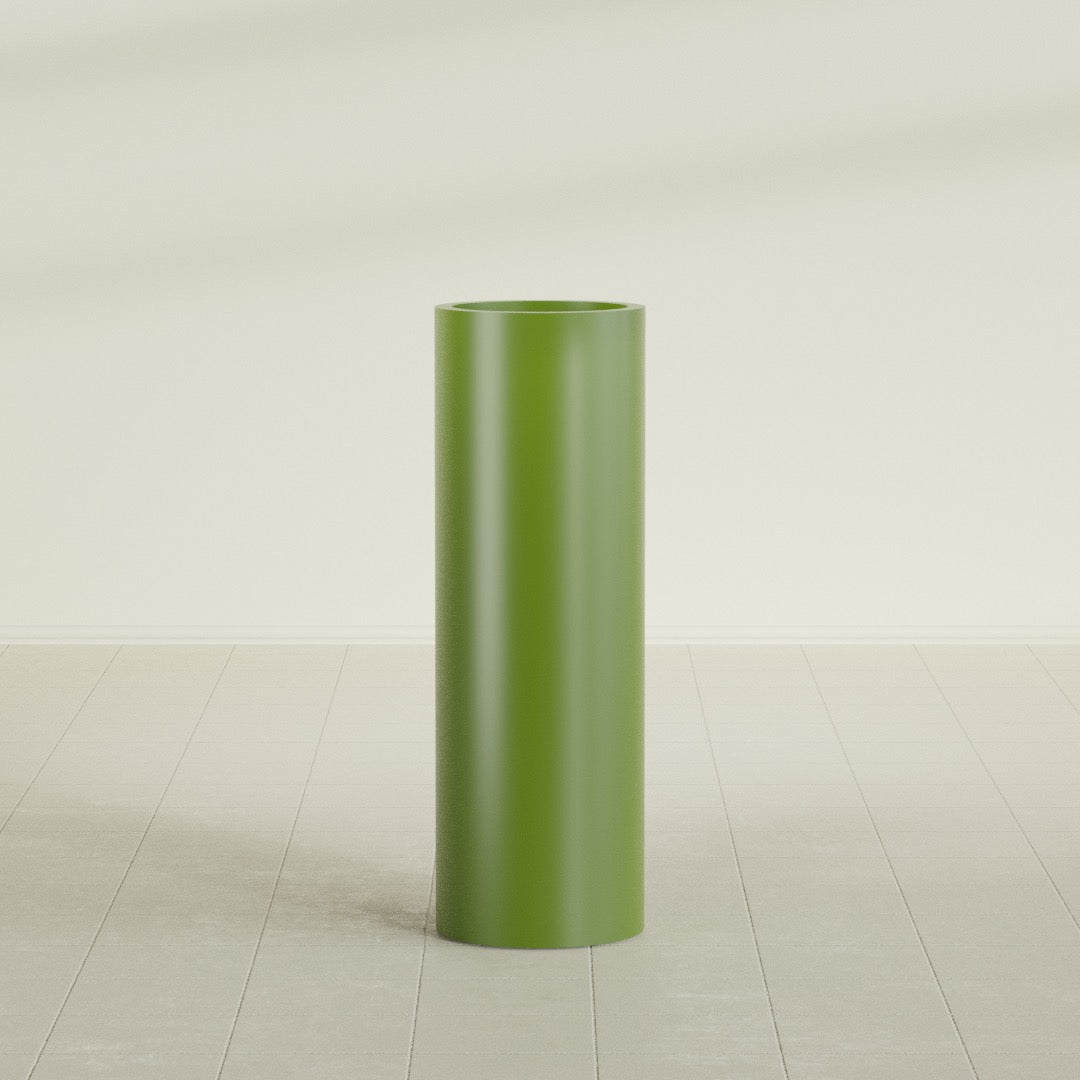 Corry Cylinder Planter in Satin Green, 12"D × 36"H, shown empty