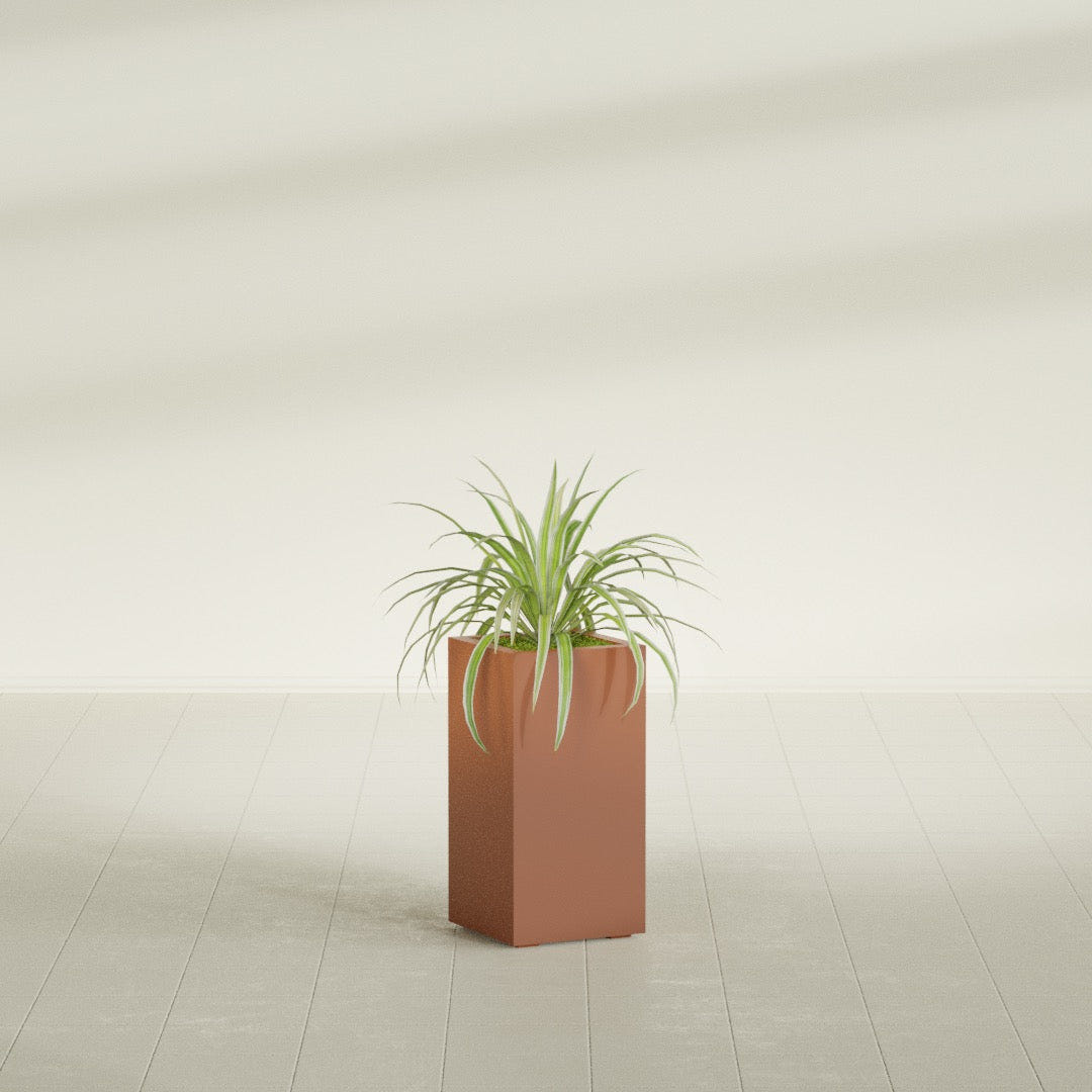 Hollywood Narrow Rectangular fiberglass planter in Matte Terra Cotta, shown planted, in a sunlit interior
