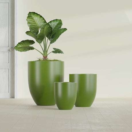 Valencia Tapered Round fiberglass planter in Satin Green, size range, in a sunlit interior