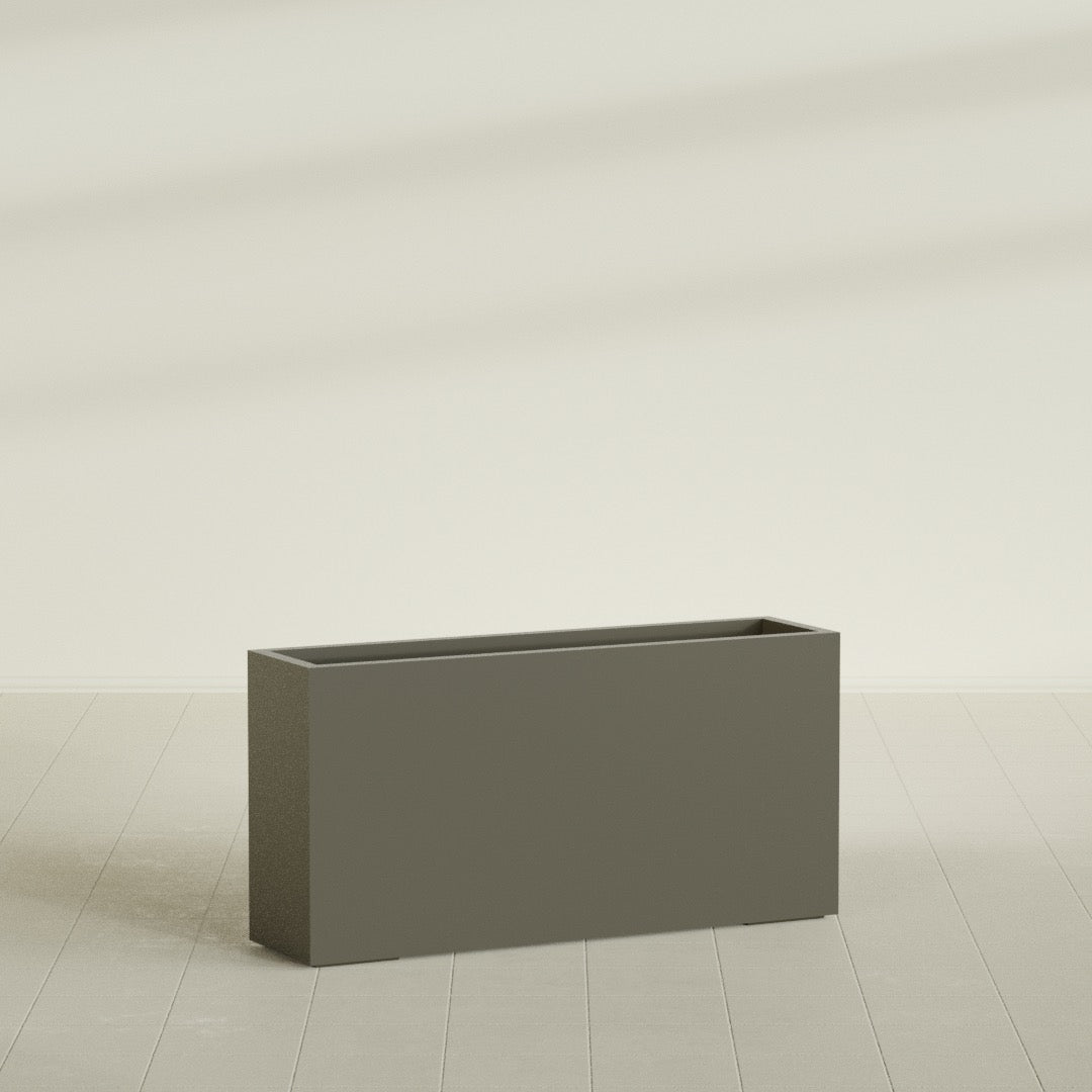 Hollywood Narrow Rectangular Planter in Matte Bronze, 48"L × 12"D × 24"H, shown empty