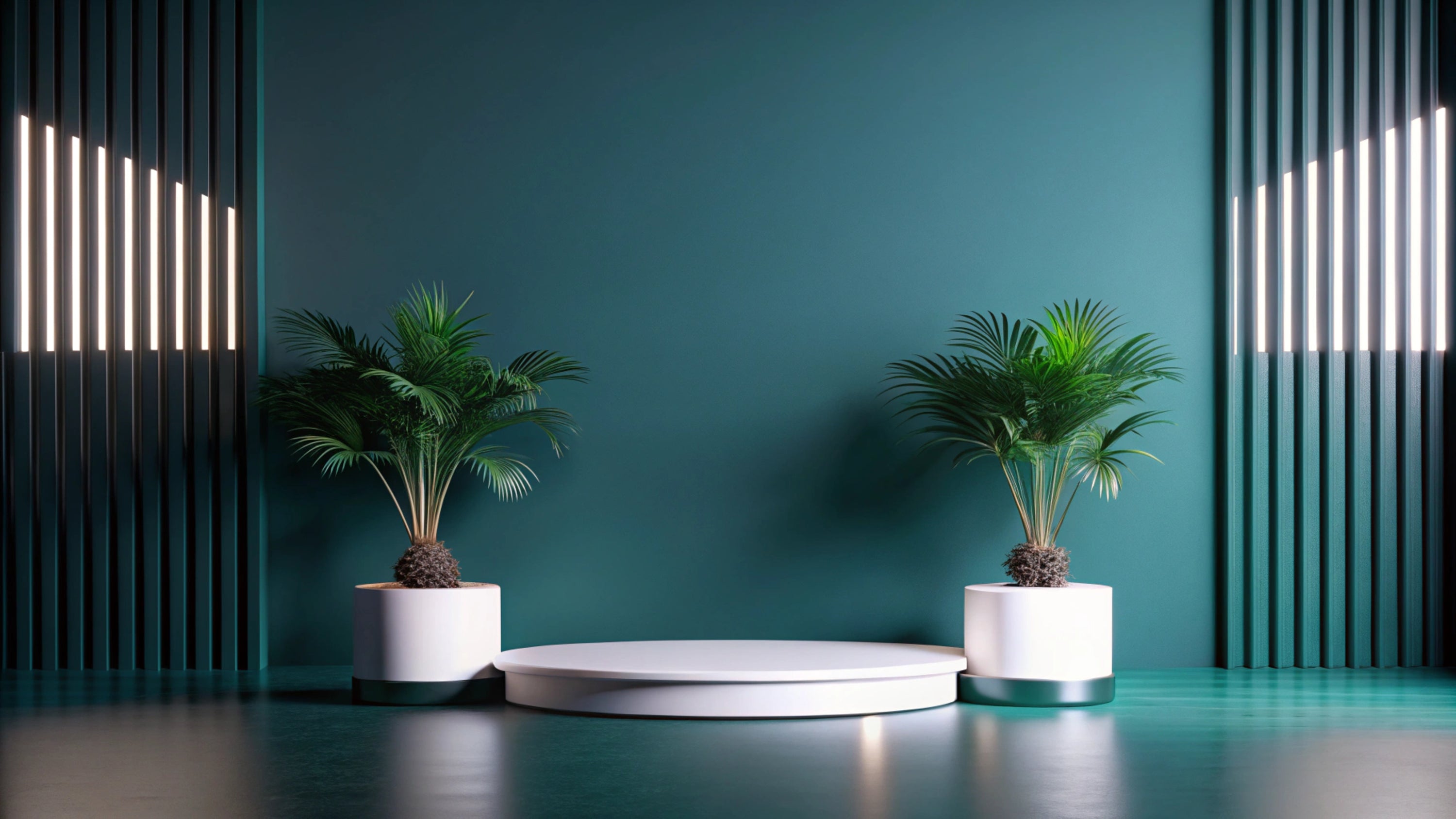 Fiberglass planters holding palms in a green-toned interior room