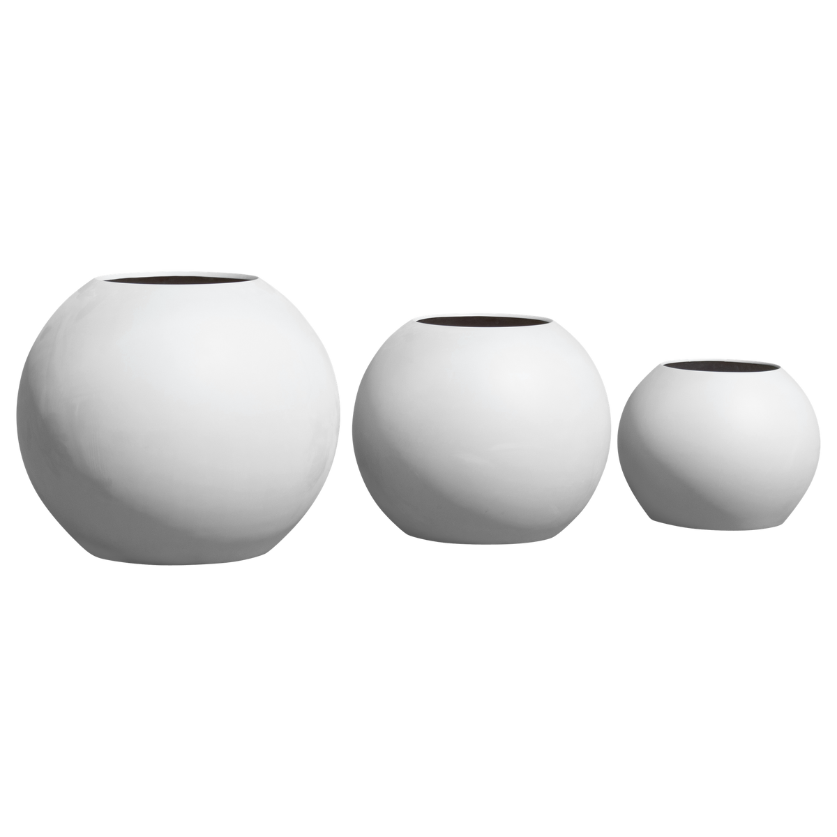 Globe fiberglass planter shown in all sizes side by side in a studio render for comparing sizes: D 24 in × 19 in, D 30 in × 24 in, D 36 in × 30 in