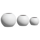 Globe fiberglass planter shown in all sizes side by side in a studio render for comparing sizes: D 24 in × 19 in, D 30 in × 24 in, D 36 in × 30 in