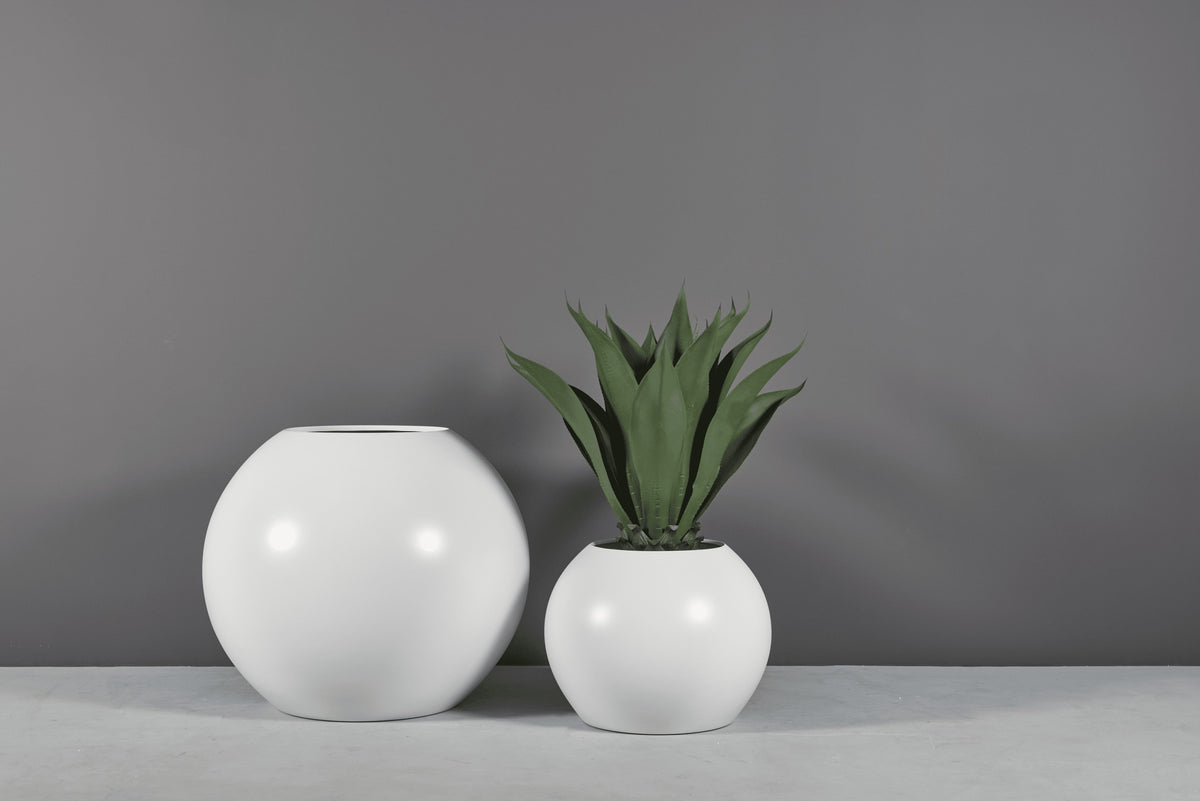 Globe round sphere fiberglass planter, two sizes, one planted with agave