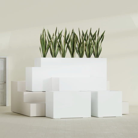 Granada rectangular fiberglass planter in Gloss Bright White, all four lengths shown together, 36 to 72 in long