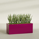 Granada rectangular fiberglass planter in Gloss Eggplant, 60 × 24 × 24 in, shown planted in a room