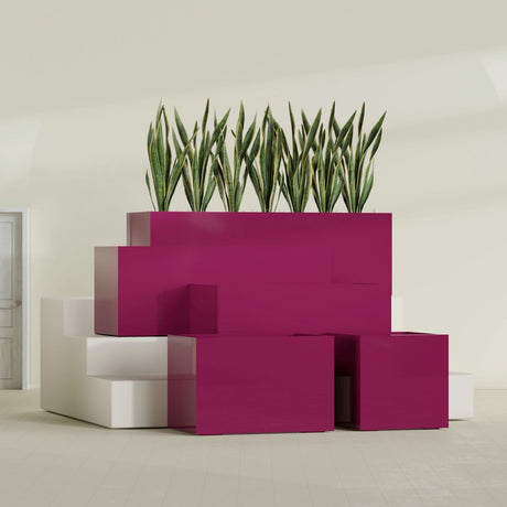 Granada rectangular fiberglass planter in Gloss Eggplant, all four lengths shown together, 36 to 72 in long