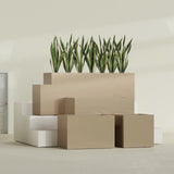 Granada rectangular fiberglass planter in Gloss Metallic Gold, all four lengths shown together, 36 to 72 in long