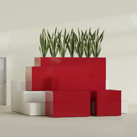 Granada rectangular fiberglass planter in Gloss Red, all four lengths shown together, 36 to 72 in long