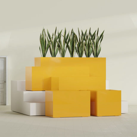 Granada rectangular fiberglass planter in Gloss Saffron, all four lengths shown together, 36 to 72 in long