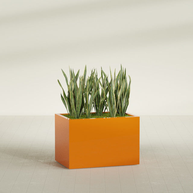 Granada rectangular fiberglass planter in Gloss Tangerine, 36 × 24 × 24 in, shown planted in a room