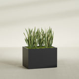 Granada rectangular fiberglass planter in Matte Black, 36 × 24 × 24 in, shown planted in a room