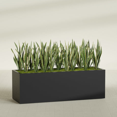 Granada rectangular fiberglass planter in Matte Black, 72 × 24 × 24 in, shown planted in a room