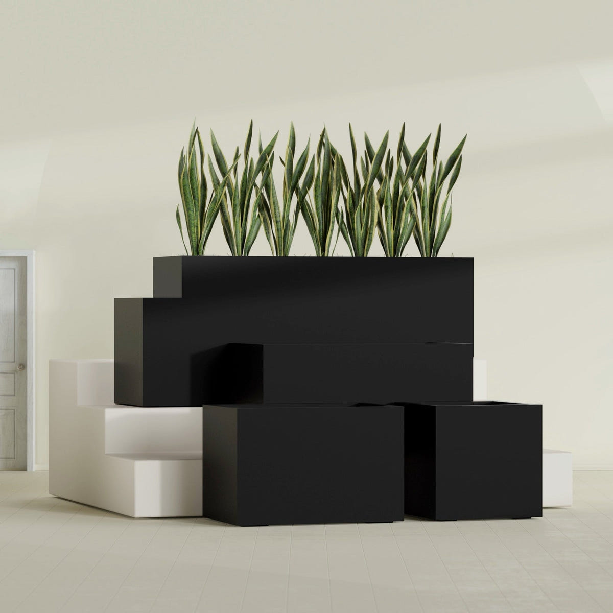 Granada rectangular fiberglass planter in Matte Black, all four lengths shown together, 36 to 72 in long