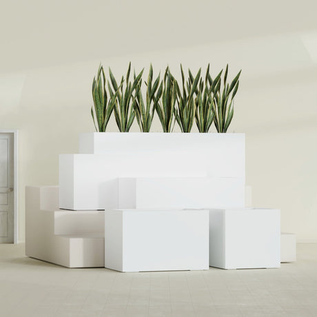Granada rectangular fiberglass planter in Matte Bright White, all four lengths shown together, 36 to 72 in long
